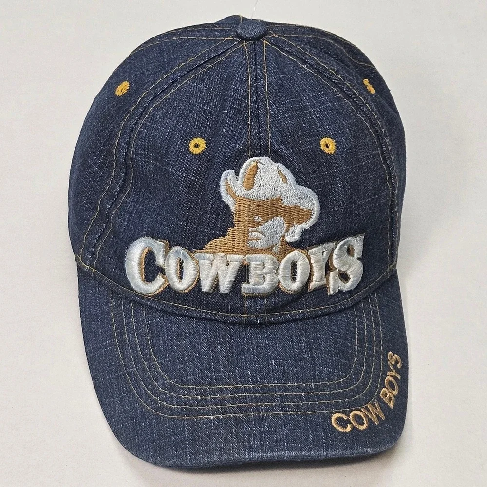 Denim Cowboys Baseball Cap Embroidered Logo Adjustable Strap Distressed One Size